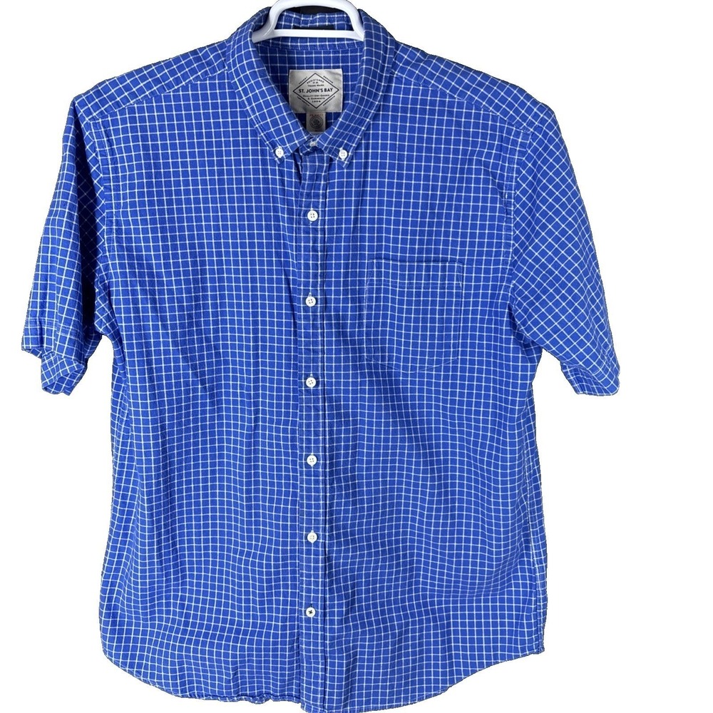 St Johns Bay Shirt Mens‎ XL Blue White Plaid Short Sleeve Legacy oxford